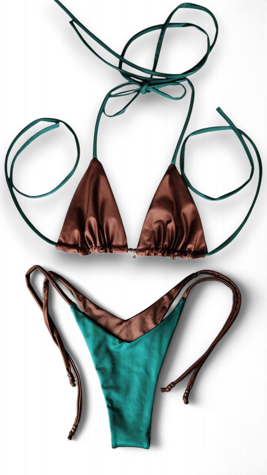 Extreme cheeky V-string bikini bottoms in brown and mint