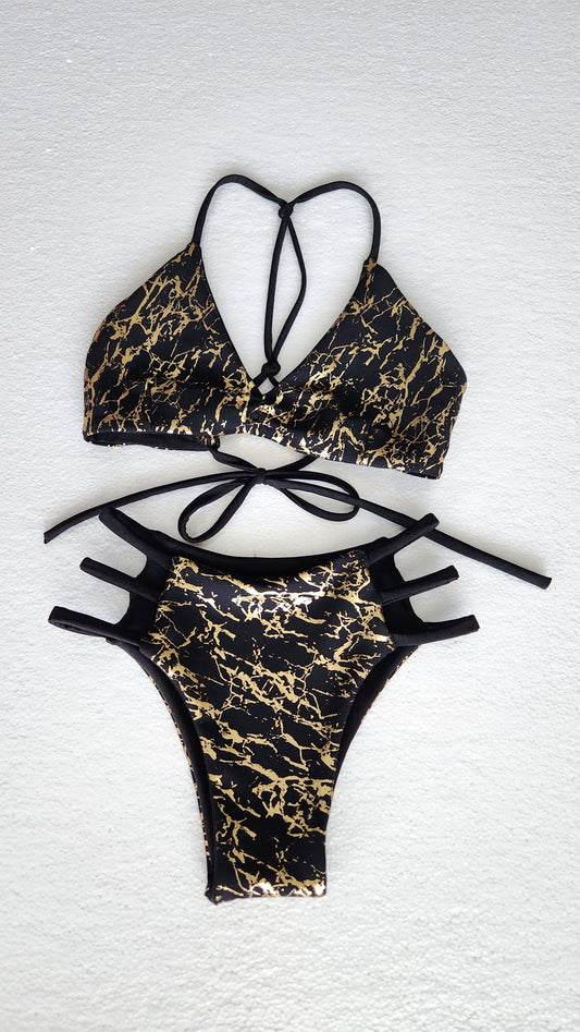 Black and Gold Foil Elise Bikini Top & Key West Reversible Cheeky Bikini Bottoms
