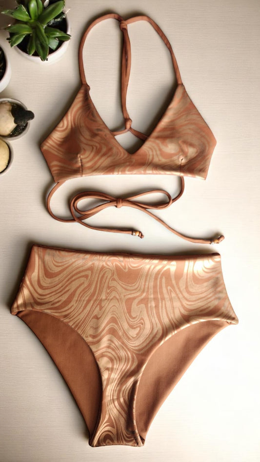 Mocha Mousse Swirl Elise Bikini Top & Reversible High-Waist Palm Beach Bikini Bottoms