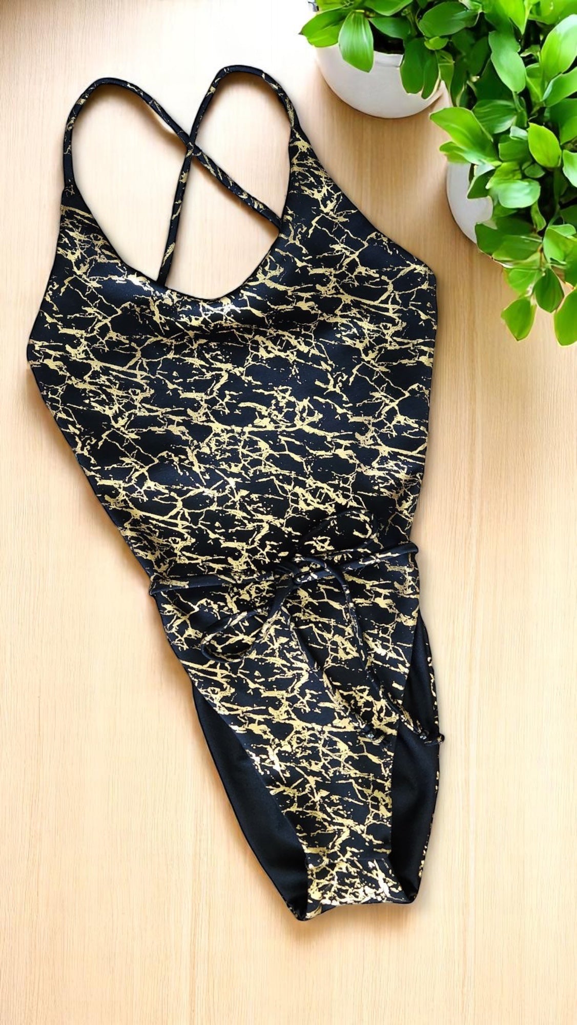 Black & Gold Foil High Hip One Piece Suit