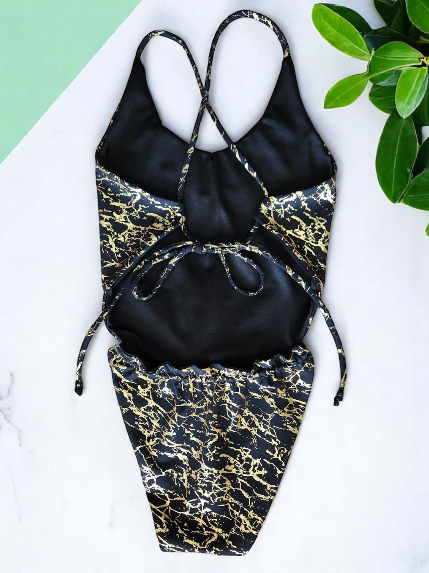Black & Gold Foil High Hip One Piece Suit