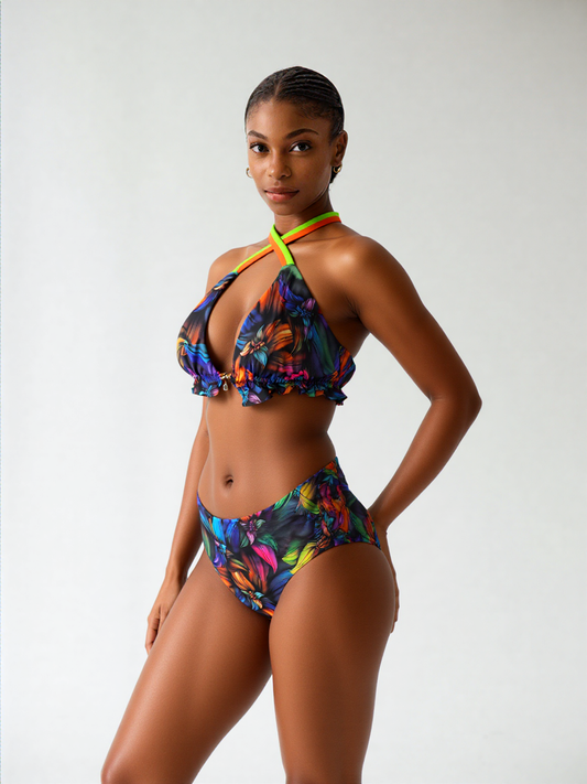 Neon Flowers Reversible Bikini Triangle Top & High Waisted Cheeky Bikini Bottoms