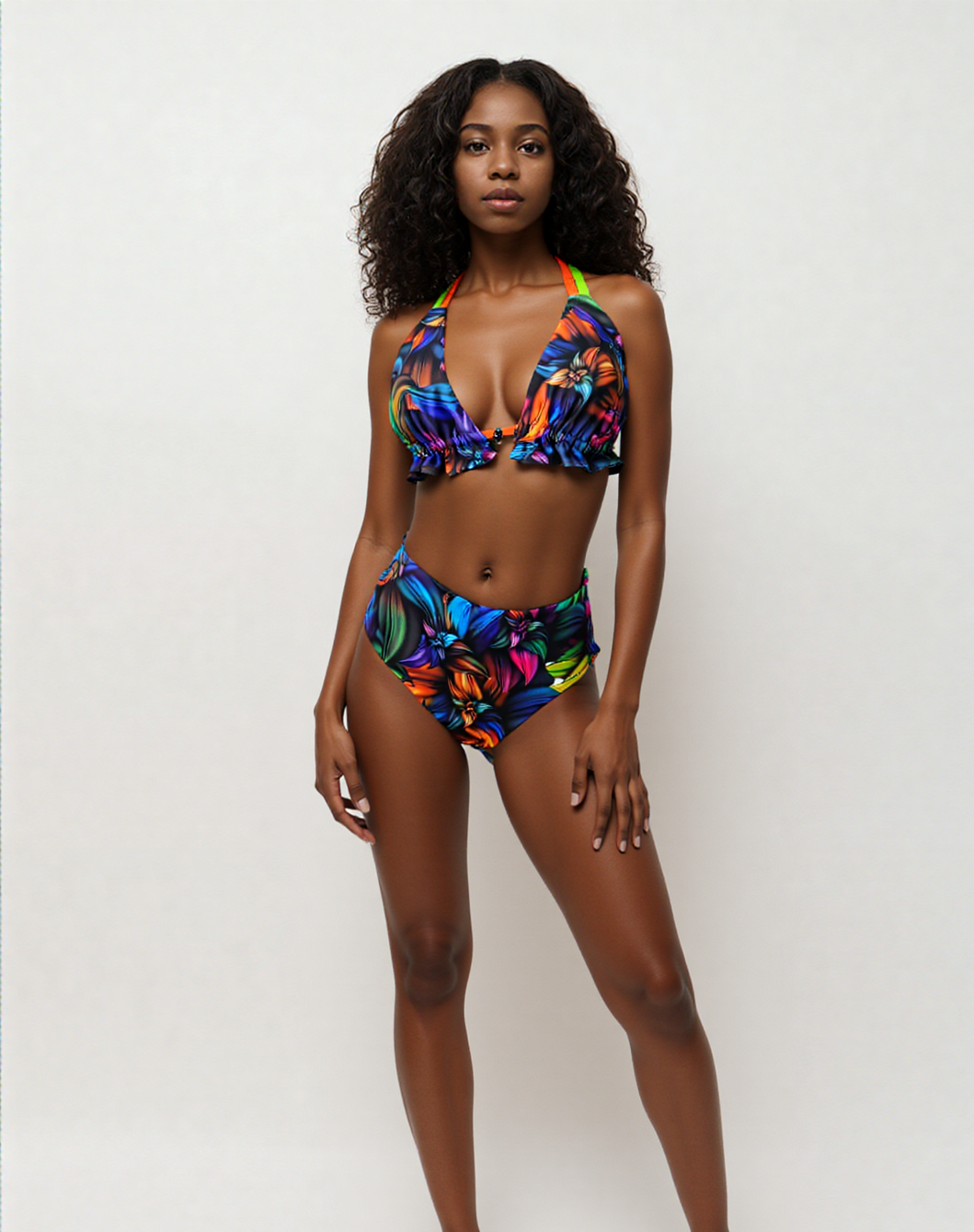 Neon Flowers Reversible Bikini Triangle Top & High Waisted Cheeky Bikini Bottoms