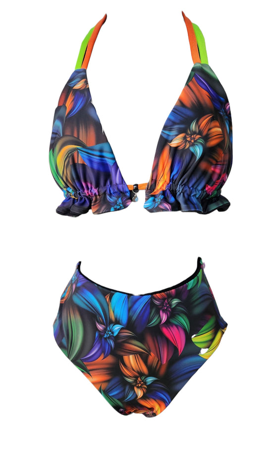 Neon Flowers Reversible Bikini Triangle Top & High Waisted Cheeky Bikini Bottoms