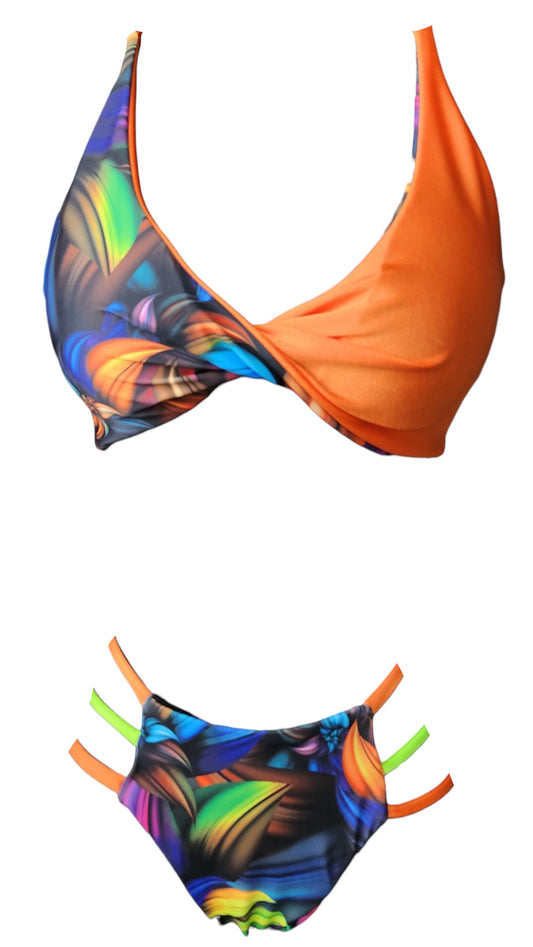 Neon Flowers Twist Top & String Cheeky Bikini Bottoms