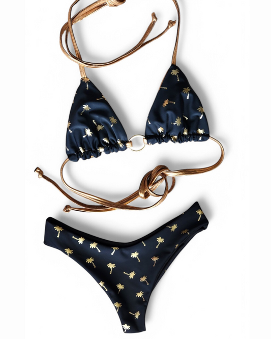 Black & Gold Palms Bikini Triangle Top & Palm Beach Reversible Cheeky Bikini Bottoms