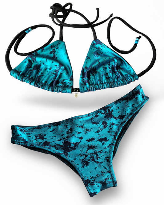 Blue Foil Bikini Triangle Top & Cheeky Bikini Bottoms Set