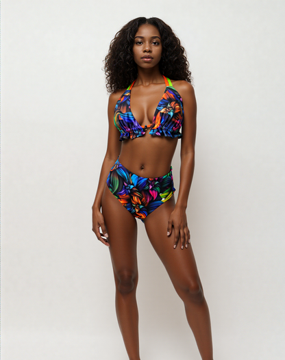 Neon Flowers Reversible Bikini Triangle Top & High Waisted Cheeky Bikini Bottoms